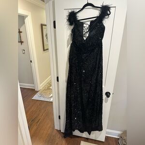Black Sequin Gown with Feather Trim